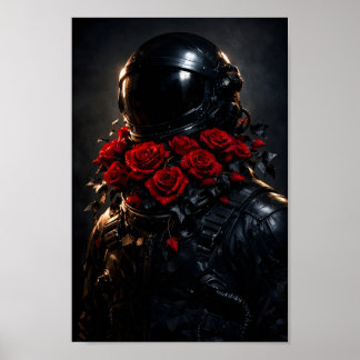 Affiche Astronaute Costume Noir Roses Rouges Art Floral Sp