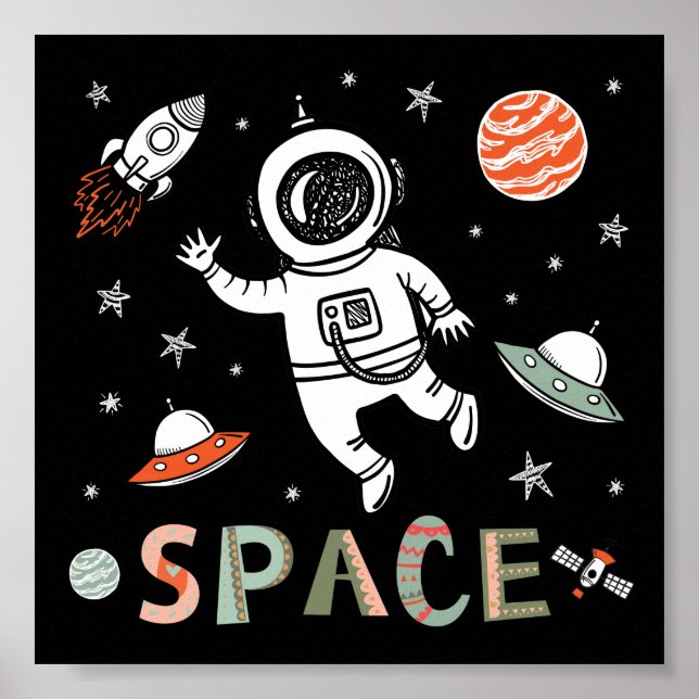 Affiche Astronaute du cosmos vaisseau fusée planètes (Devant)