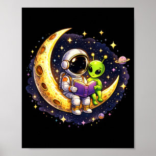 Affiche Astronaute lisant un livre à la lune extraterrestr