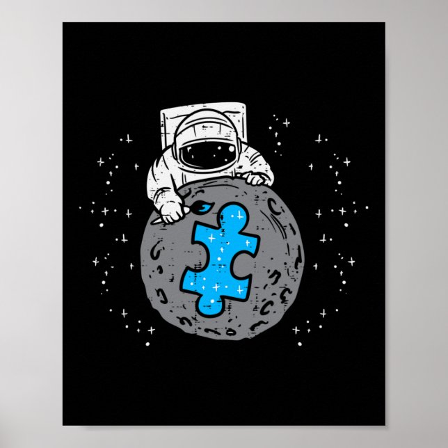 Affiche Astronaute Lune Bleu Pièce de Puzzle Autisme Sensi (Devant)