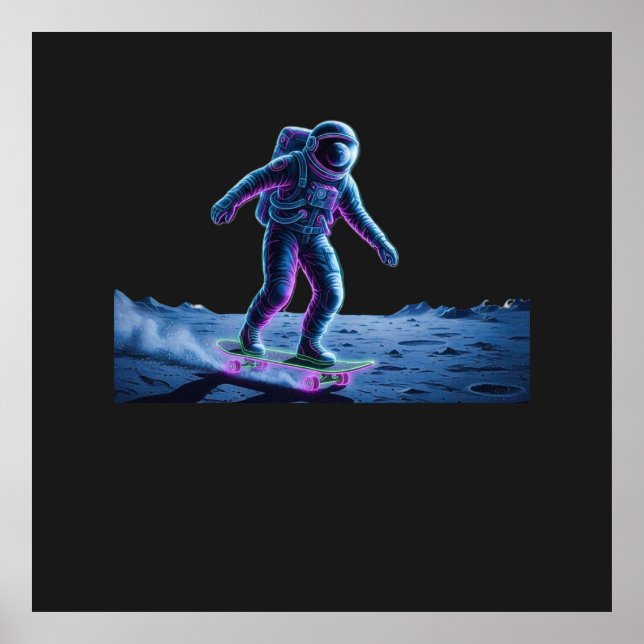 Affiche Astronaute néon faisant du skateboard sur la Lune (Devant)
