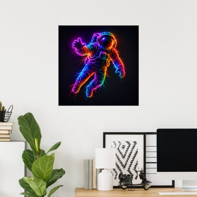Affiche Astronaute Néon Vibrant Flottant dans l'Espace Mur (Bureau à domicile)
