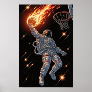 Affiche Astronaute qui dunk un ballon de basket enflammé,
