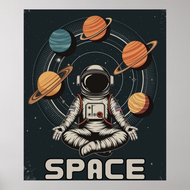Affiche Astronaute Rétro Médite dans l'Espace (Devant)