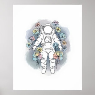 Affiche astronaute simple une ligne art continu