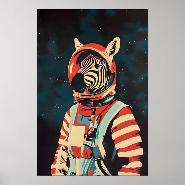 Affiche Astronaute Zèbre, Impression Rétro Zèbre,  (Devant)