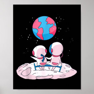 Affiche Astronautes Kawaii Assis Sur La Lune Regardant La
