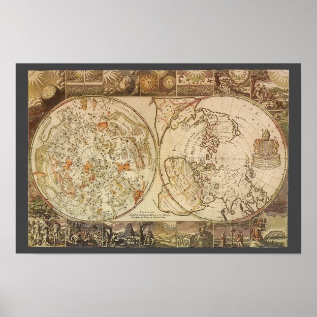 Affiche Astronomie Vintage, Carte Planisphère Céleste (Devant)