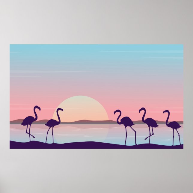 Affiche At sunrise flamingo scenery silhouettesflamingo,si (Devant)