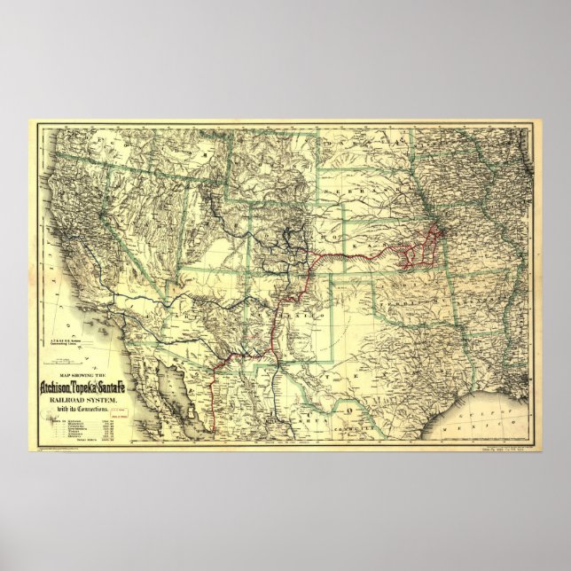 Affiche Atchison Topeka & Sante Fe Railroad MAP 1883 WEST (Devant)