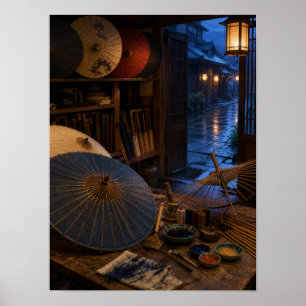 Affiche Atelier de parapluie en papier pluvieux 12x16 Affi