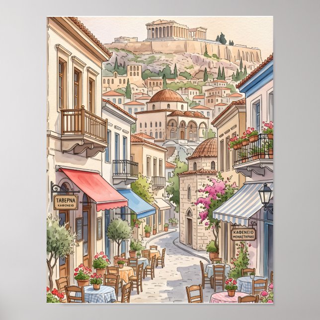 Affiche Athènes charmant Grèce Rue Aquarelle (Devant)