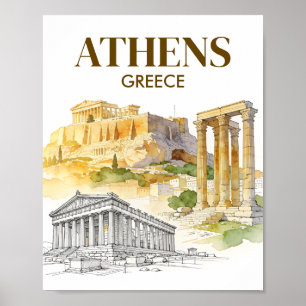 Affiche Athènes Grèce Acropole Croquis Aquarelle Voyage