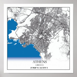 Affiche Athènes Grèce City Plan Voyage Simple Minimal