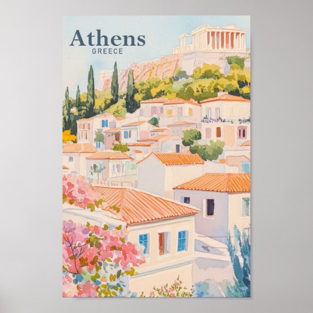 Affiche Athènes Grèce Gouache Peinture Illustration Voyage (Devant)