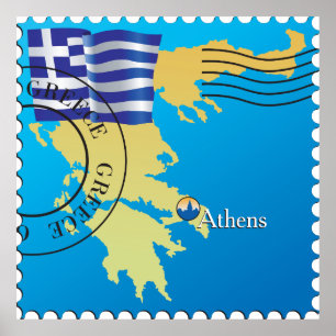 Affiche Athènes Grèce Horloge grecque Drapeau et carte