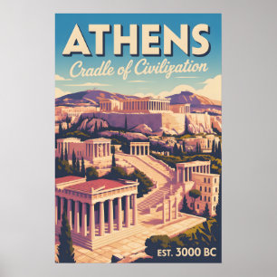 Affiche Athènes Grèce Rétro Skyline Paysage Urbain Voyage