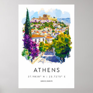 Affiche Athènes Parc d'aquarelle Ski Voyage National Vinta