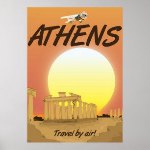 Affiche Athènes "Voyage par avion" Coucher de soleil doré