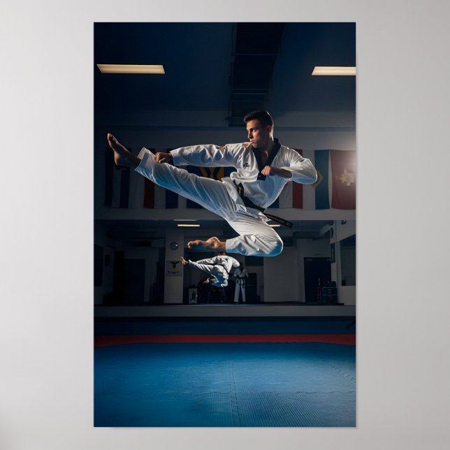 Affiche Athlète de Taekwondo exécutant un coup de pied lat (Devant)