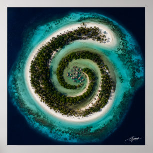 Affiche Atoll en spirale avec vue satellite d'un village f