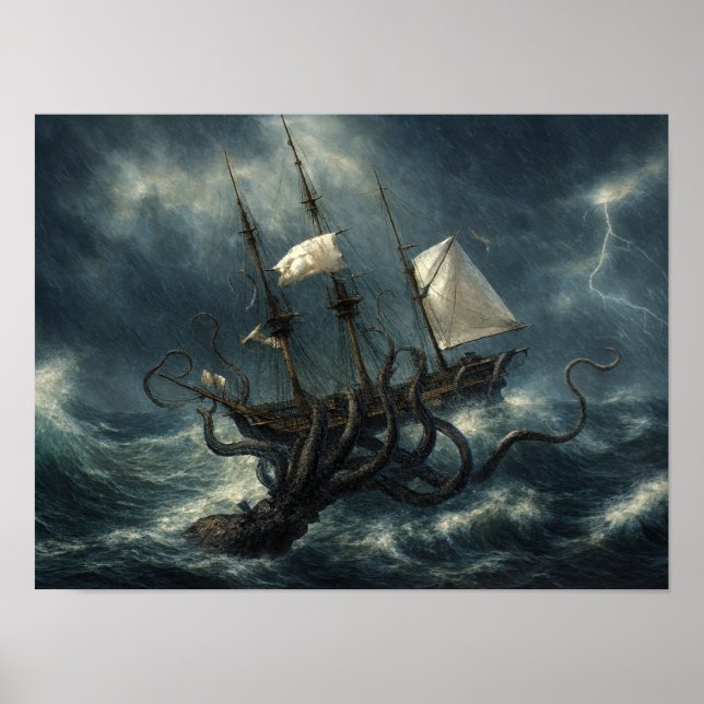 Affiche Attaque de Kraken sur un navire Steampunk (Devant)