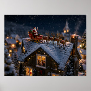 Affiche Atterrissage miniature du Père Noël sur un toit