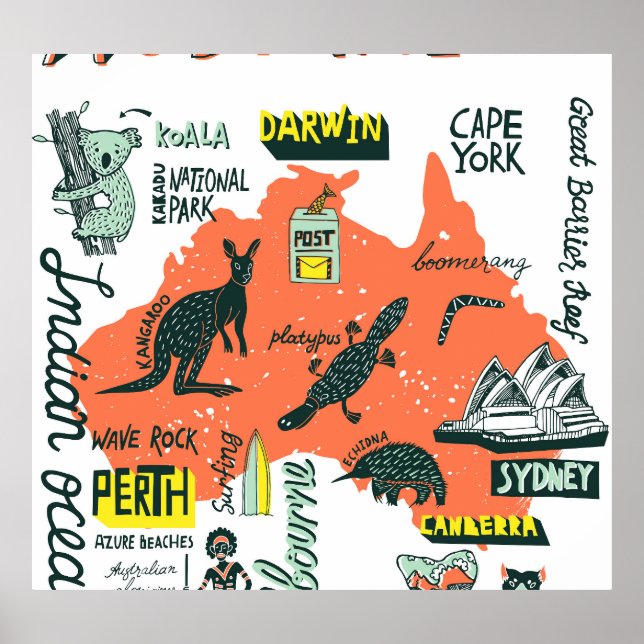 Affiche Attractions australiennes dessinées à la main, bil (Devant)