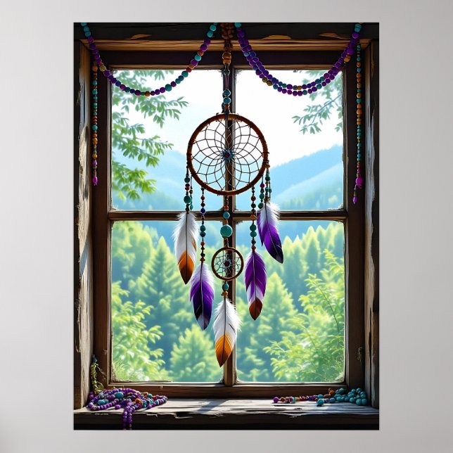Affiche Attrape-rêves dans la fenêtre | Art Boho (Devant)