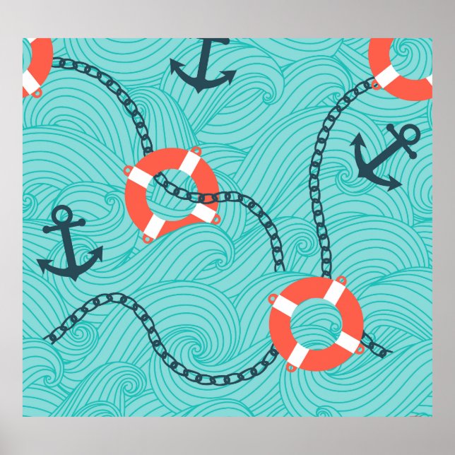 Affiche Attributs nautiques Motif libre sans couture (Devant)