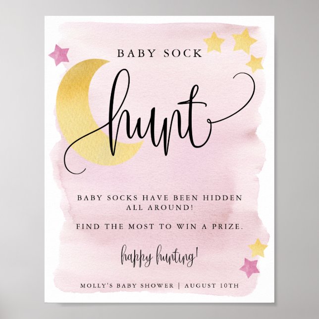 Affiche Au-dessus de la lune Baby shower rose Baby Chasse  (Devant)
