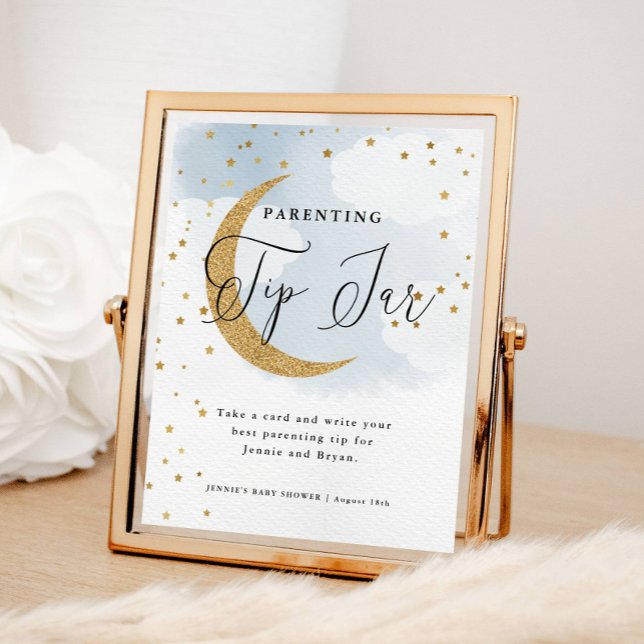 Affiche Au-dessus de la lune Bleu Conseils parentaux Baby  (Over the Moon Blue, Parenting Tip Jar Display Sign for Baby Shower)