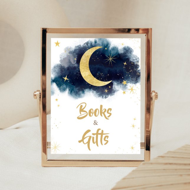 Affiche Au-dessus de la lune Gold Stars Livres et cadeaux  (Blue Twinkle Little Star Baby Shower Books and Gifts Sign)