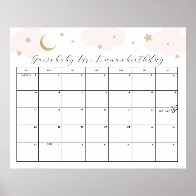 Affiche Au-dessus de la lune rose Baby shower date d'échéa (Devant)