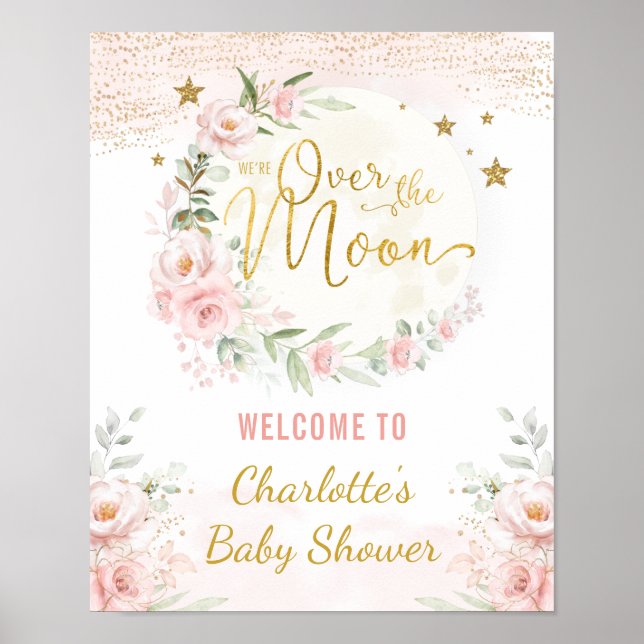 Affiche Au-dessus de la lune rose or Baby shower Floral Bi (Devant)