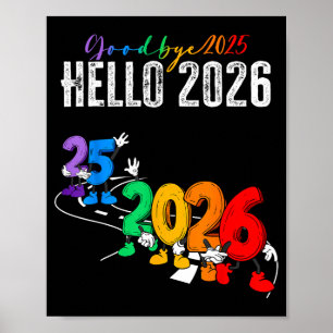Affiche Au revoir 2025 Bonjour 2026 Dessin Animé Drôle Nou