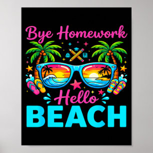 Affiche Au revoir devoirs bonjour plage 2026 fin de l'écol
