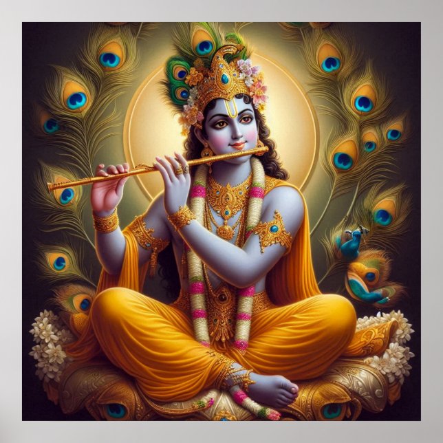 Affiche Aura de paon Krishna Flûte Art divin (Devant)