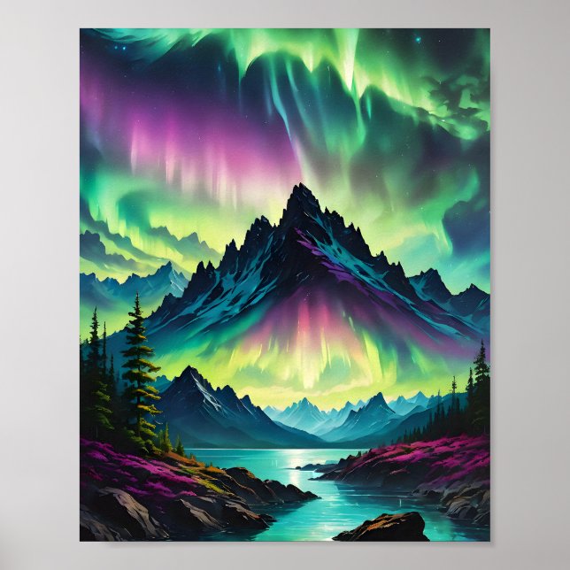 Affiche Aurora au-dessus du lac Mountain (Devant)
