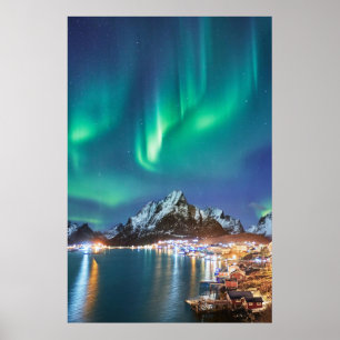 Affiche Aurora nuit sur le pont à Reine sur Lofoten