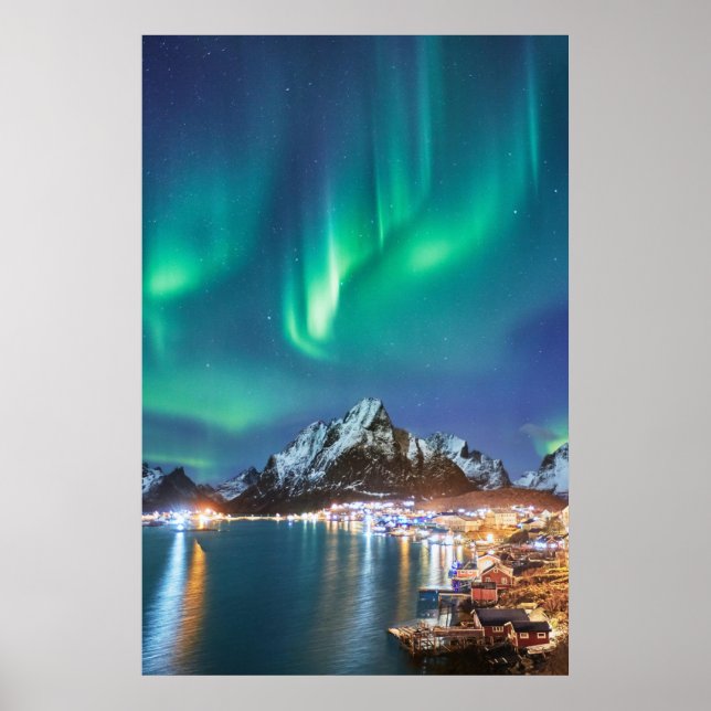 Affiche Aurora nuit sur le pont à Reine sur Lofoten (Devant)