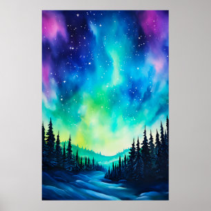 Affiche Aurore boréale aquarelle Lumières du Nord 
