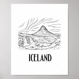 Affiche Aurore Boréale Islande Dessin au Trait Vacances