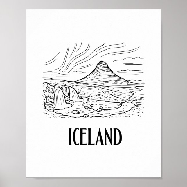 Affiche Aurore Boréale Islande Dessin au Trait Vacances  (Devant)