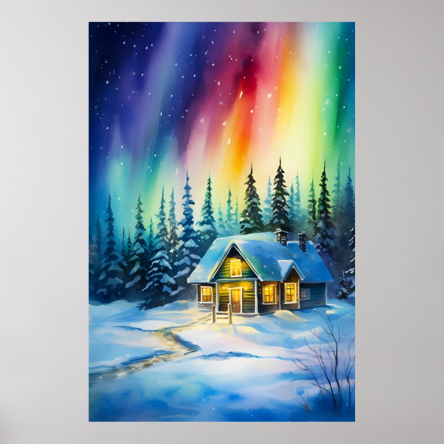 Affiche Aurore boréale lumière du nord Maison de Noël (Devant)