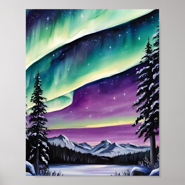 Affiche Aurore boréale sur une forêt enneigée, pins, paysa (Devant)