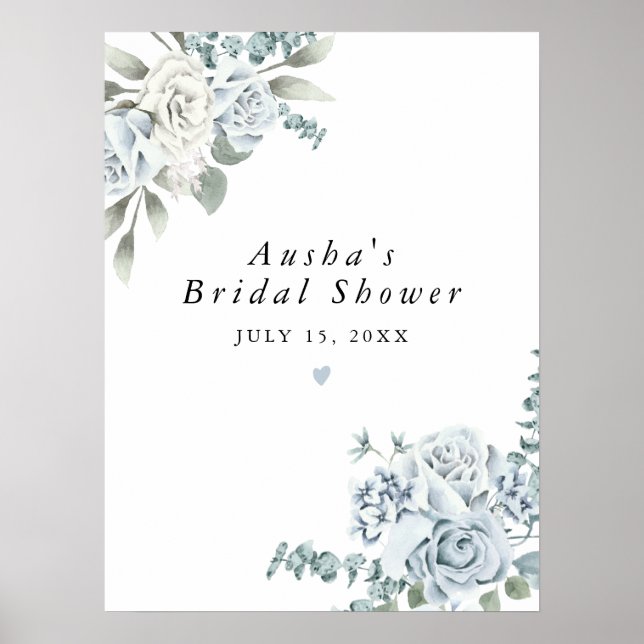 Affiche AUSHA Dusty Blue Floral Boy Baby shower Bienvenue (Devant)