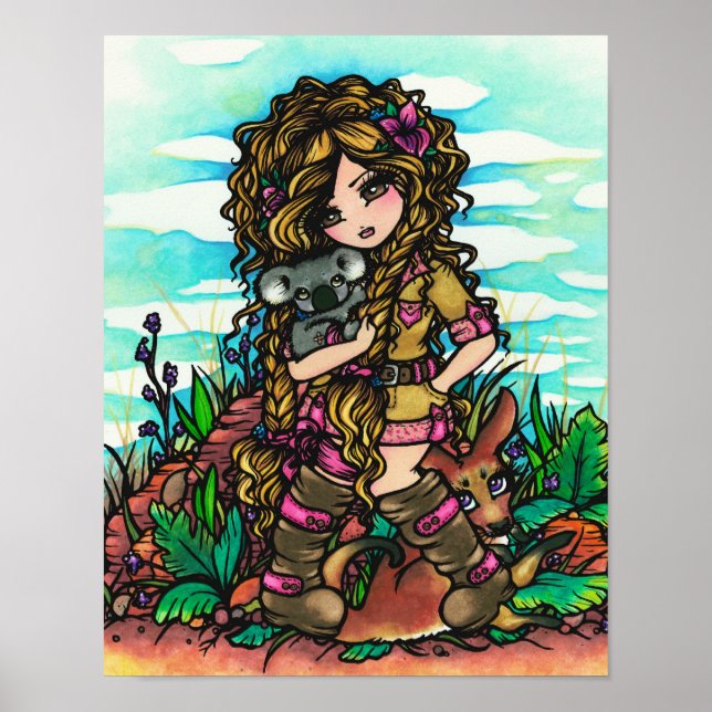 Affiche Aussie Girl Koala Kangaroo Art Australie Outback (Devant)