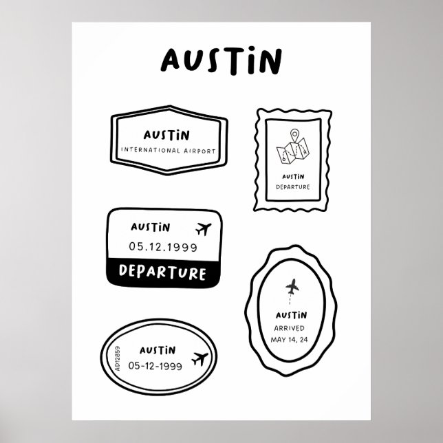 Affiche Austin - Collection de timbres de voyage | Minimal (Devant)