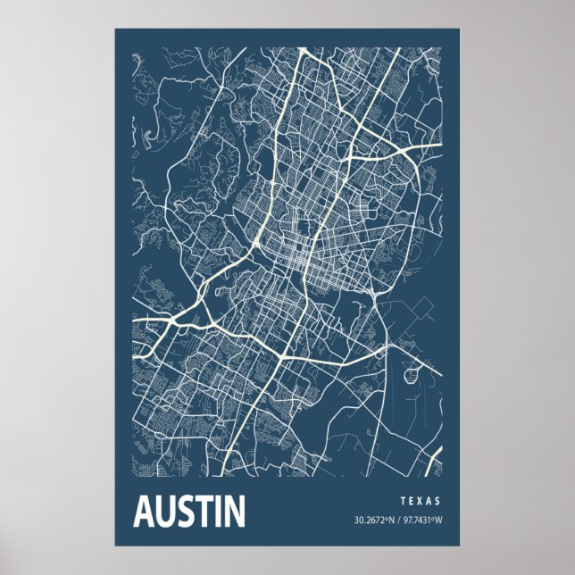 Affiche Austin Texas City Plan Line Art Blue Imprimer (Devant)